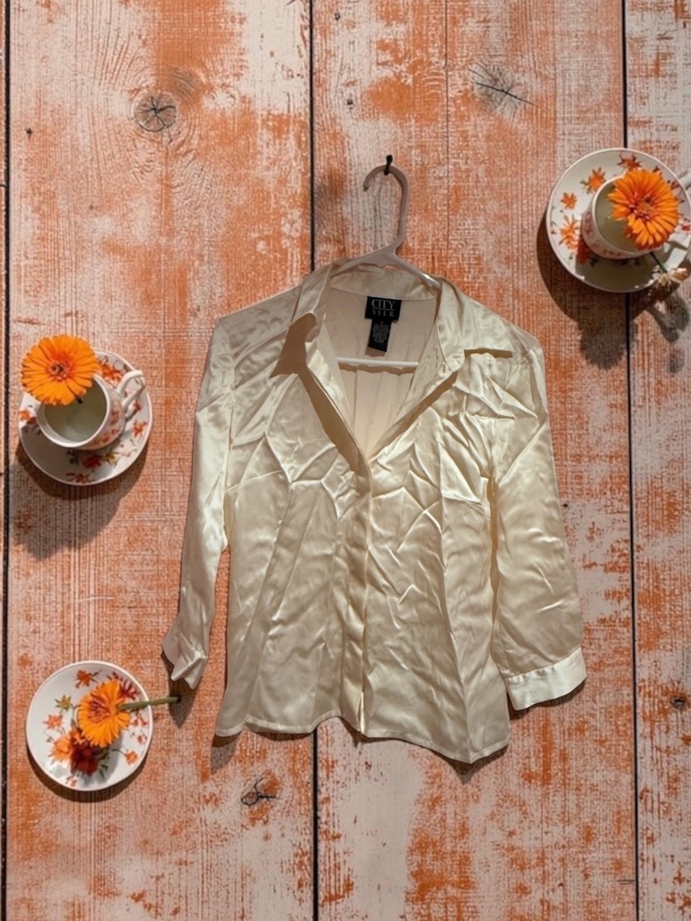 CITY STUDIO Women's Cream silk Button-Up Blouse